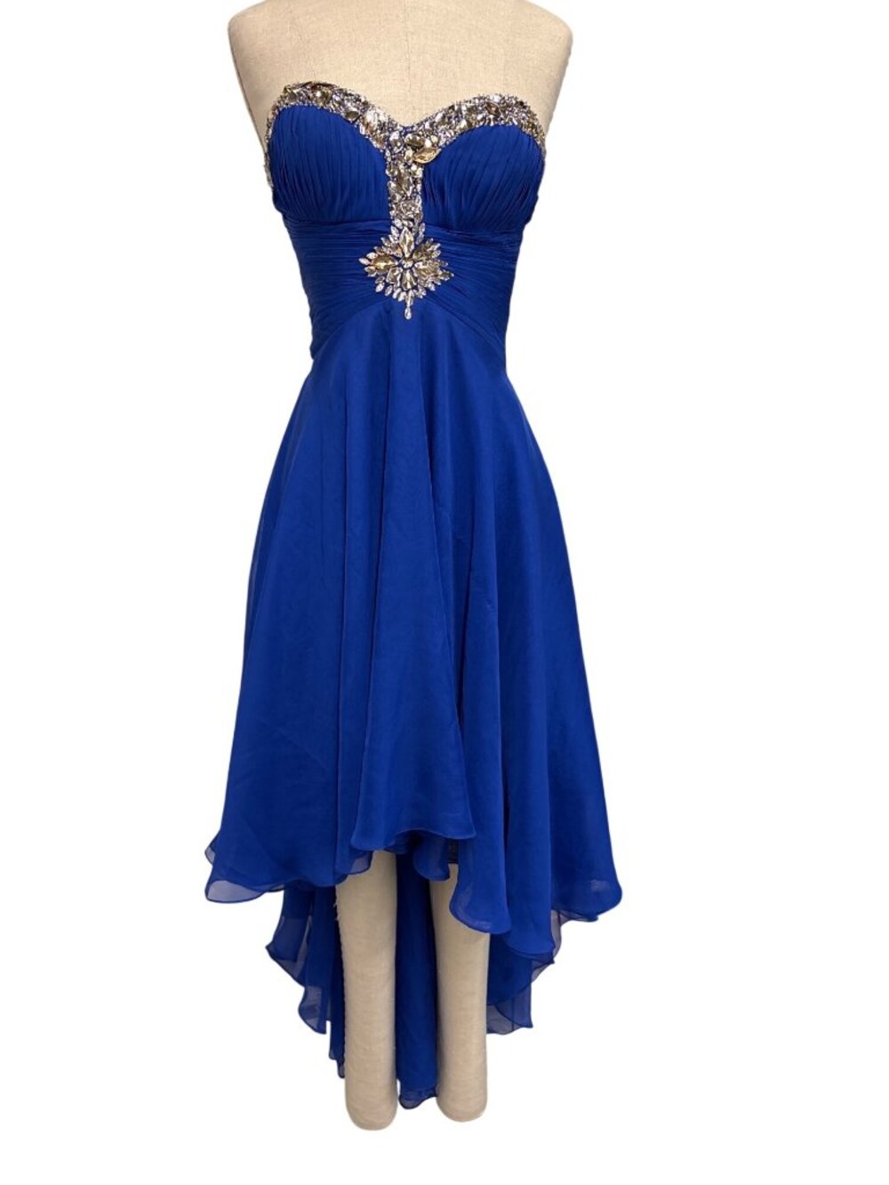 Strapless Royal Blue High-Low Prom Dress With Crystal Embellishment Flowy Chiffo